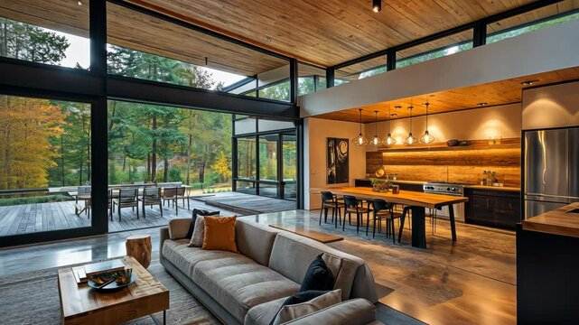 Modern forest retreat: inviting living space transitions to open wooded patio