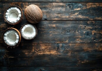 Fresh open coconuts and whole coconut on rustic wooden table for tropical food, healthy lifestyle, and natural ingredient concepts