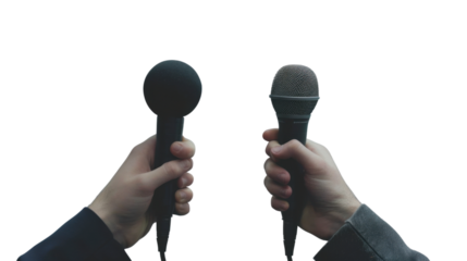 Two journalists holding microphones on transparent background