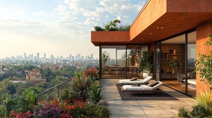 Modern penthouse terrace with city view, plants, and lounge chairs.