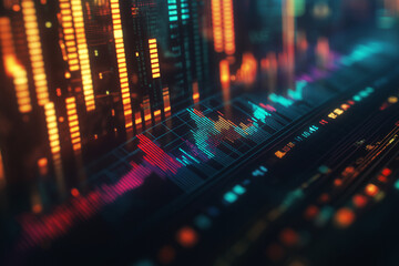 Obraz premium デジタル, ミュージック, テクノロジー, コンピュータ, 音, ビジネス, エレクトロニクス, イコライザ, ボード, マーケット, 光, 暗号化された, ストック, インターネット, 2進法, スクリーン, サーキット, 音声, スタジオ, 情報, 表示, led, 光, 財務, お金, ハイウェイ, トラフィック, シティ, 夜, 都市景観, ウェブ, ネットワーク, デザイン, マトリック