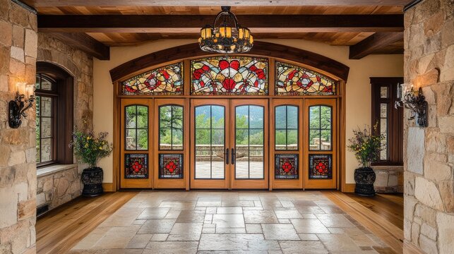 Bi-folding doors with intricate stained glass details.