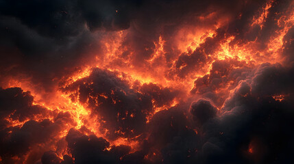 Infernal storm clouds glowing with ember-like streaks of red orange and deep black smoke