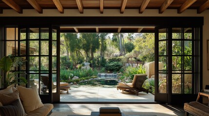 Fototapeta premium Chic matte black folding doors framing a green outdoor space.