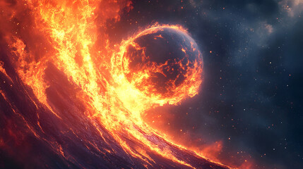 Cosmic inferno consuming an alien planet with unstoppable waves of molten fury
