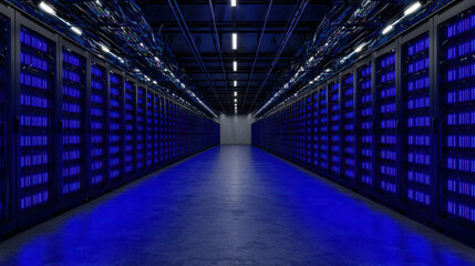Fototapeta premium High-Tech Data Center Filled With Rows of Glowing Servers and Modern Equipment