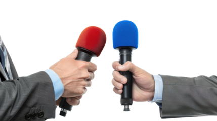 Journalists holding microphones with transparent background
