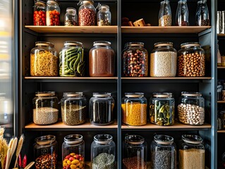 Pantry organization with a variety of dry goods preserved in glass jars