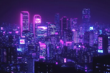 Obraz premium Futuristic cityscape glows with neon lights at night, used for sci-fi backgrounds