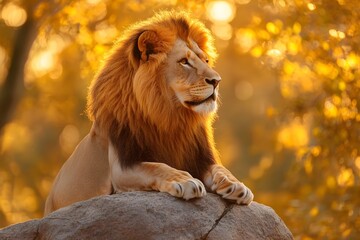 Powerful Lion Resting on Rock During Golden Hour in Autumn Wilderness