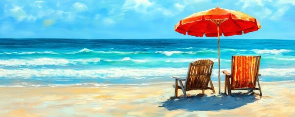 Two empty chairs sit under a bright red beach umbrella