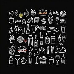 Diverse Food and Drink Line Art Icons on Black Background