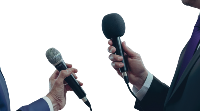Journalists holding microphones on transparent background