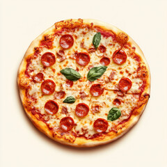 Delicious round pizza topped with pepperoni and fresh basil leaves, perfect for sharing and enjoying with friends