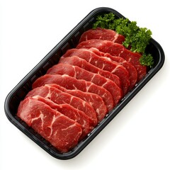 Fresh Slices of Beef in Plastic Tray with Green Garnish