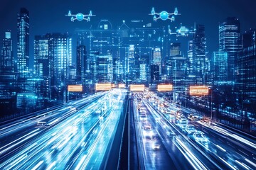 Fototapeta premium Drones flying over a highway in a futuristic city at night, for transportation solutions
