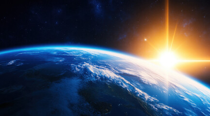 stunning view of Earth from space, showcasing planet curvature and bright sunrise illuminating atmosphere