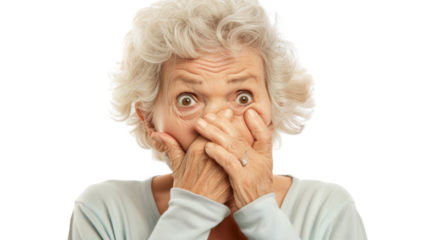 Shocked senior woman covering mouth with hands on transparent background
