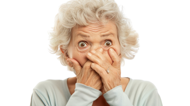Shocked senior woman covering mouth with hands on transparent background