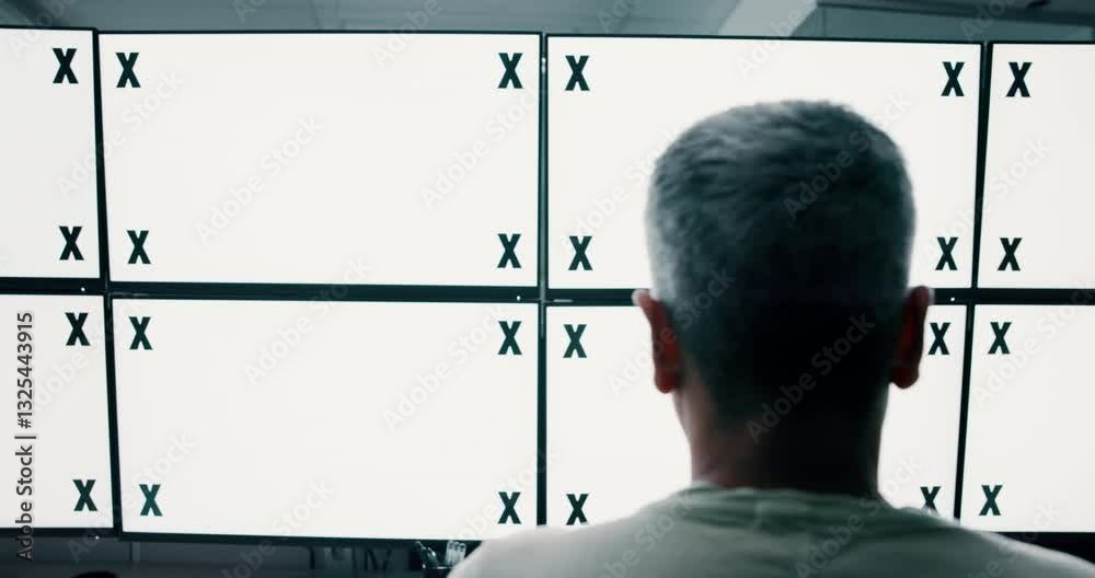 Poster Review, mockup space and people by computer screen analyzing security system at broadcast center. Technology, tracking markers and back of managers with blank desktop in control room for surveillance