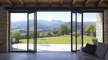 Fototapeta premium Industrial-style folding doors with metal frames and large glass panes.