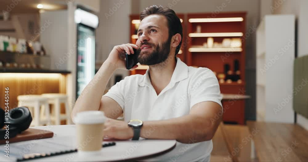Poster phone call, communication and man with smartphone, cafe and asking for feedback, web designer and la