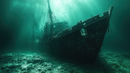 Sunbeams illuminate a sunken shipwreck resting on the ocean floor, surrounded by coral.