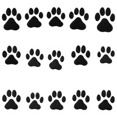 black dog paw shape isolated on transparent background, steps seamless texture png.