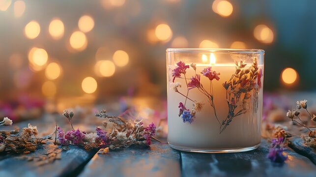 A beautifully lit candle with dried flowers rests on a wooden surface, surrounded by scattered petals and soft, blurred bokeh lights in the background.