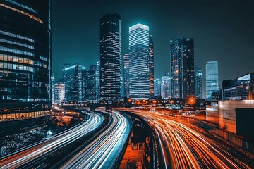 Fototapeta premium Night cityscape with light trails, vehicles moving, towering skyscrapers, blurred background, urban transportation