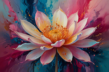 A beautifully illustrated lotus flower, its delicate petals unfolding against a serene, colorful background, 