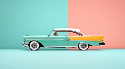Classic car showcase retro color palette studio setting vintage vibes side view perspective