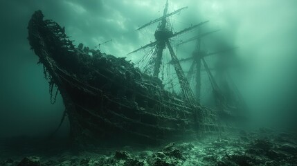Obraz premium Sunken galleon resting on seabed, shrouded in murky water.