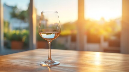Obraz premium A wine glass on a table with a sunset view