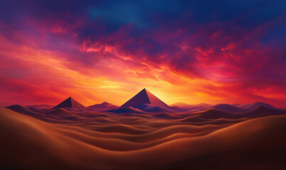 digital painting of pyramids in Egypt at sunset, showcasing vibrant colors and dramatic clouds over desert landscape. scene evokes sense of wonder and tranquility