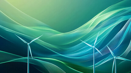 A digital illustration of wind turbines surrounded by flowing energy waves, symbolizing renewable energy, sustainability, and futuristic green power solutions.