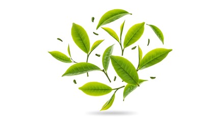 Fototapeta premium Vividly flying in the air green tea leaves isolated on white background