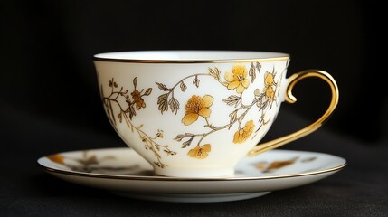A delicate porcelain teacup with floral patterns and a gold rim, elegantly placed on a matching saucer against a dark background.