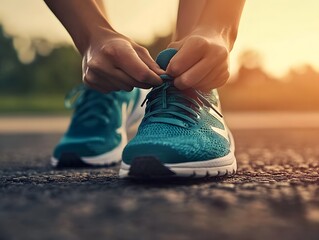 Tying laces of turquoise running shoes before a morning workout session outdoors