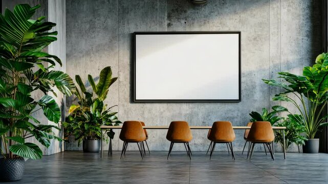 Modern minimalist interior with greenery and empty frame in natural light