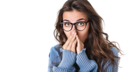Young woman wearing glasses feeling scared and covering her mouth with hands on transparent background