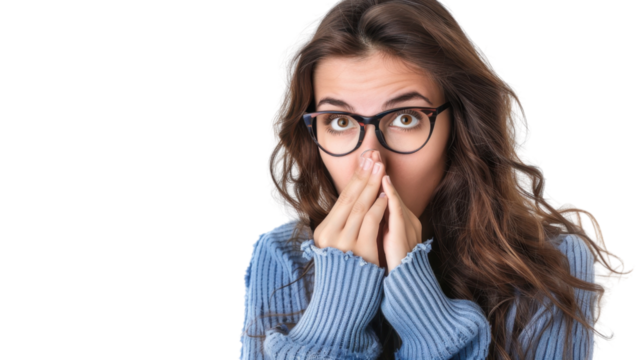Young woman wearing glasses feeling scared and covering her mouth with hands on transparent background