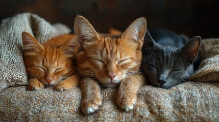Three adorable kittens sleeping together on a cozy blanket.