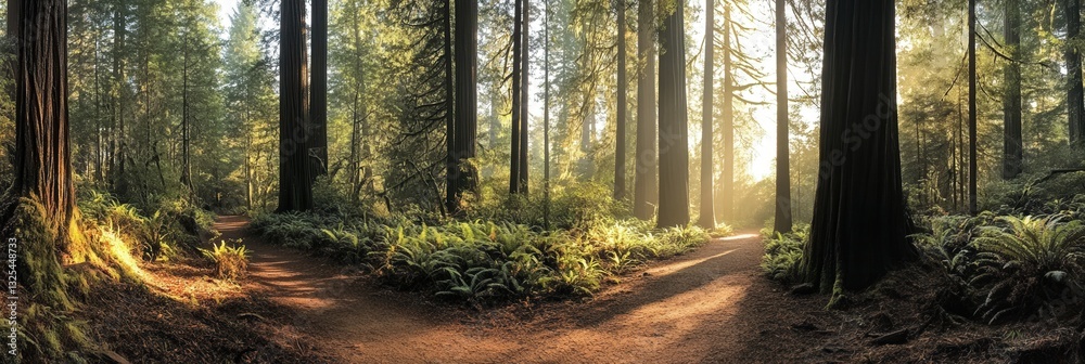 Aufkleber Forest path winding through tall trees with sunlight filtering in creates a tranquil atmosphere for exploration and reflection