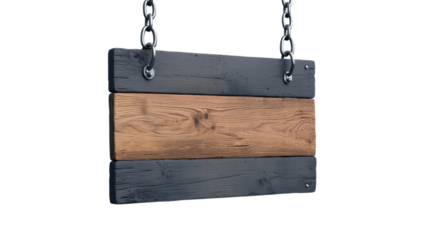 Wooden Signboard Hanging on Chains with Black and Brown Color Contrast and Natural Texture