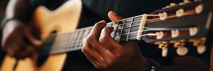 Skilled musician s hands playing mesmerizing melody on wooden acoustic guitar