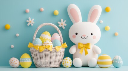 Easter celebration with bunny and colorful eggs festive setup playful atmosphere joyful theme