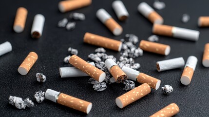 Discarded cigarettes littering urban ground environmental pollution close-up shot cityscape