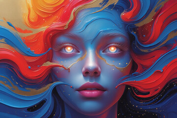 A surreal illustrated face, blending vibrant colors and abstract shapes, creating a mesmerizing and dynamic portrait full of emotion and artistic expression. AI-generated