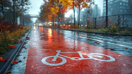 Rainy autumn day on a city bike path.